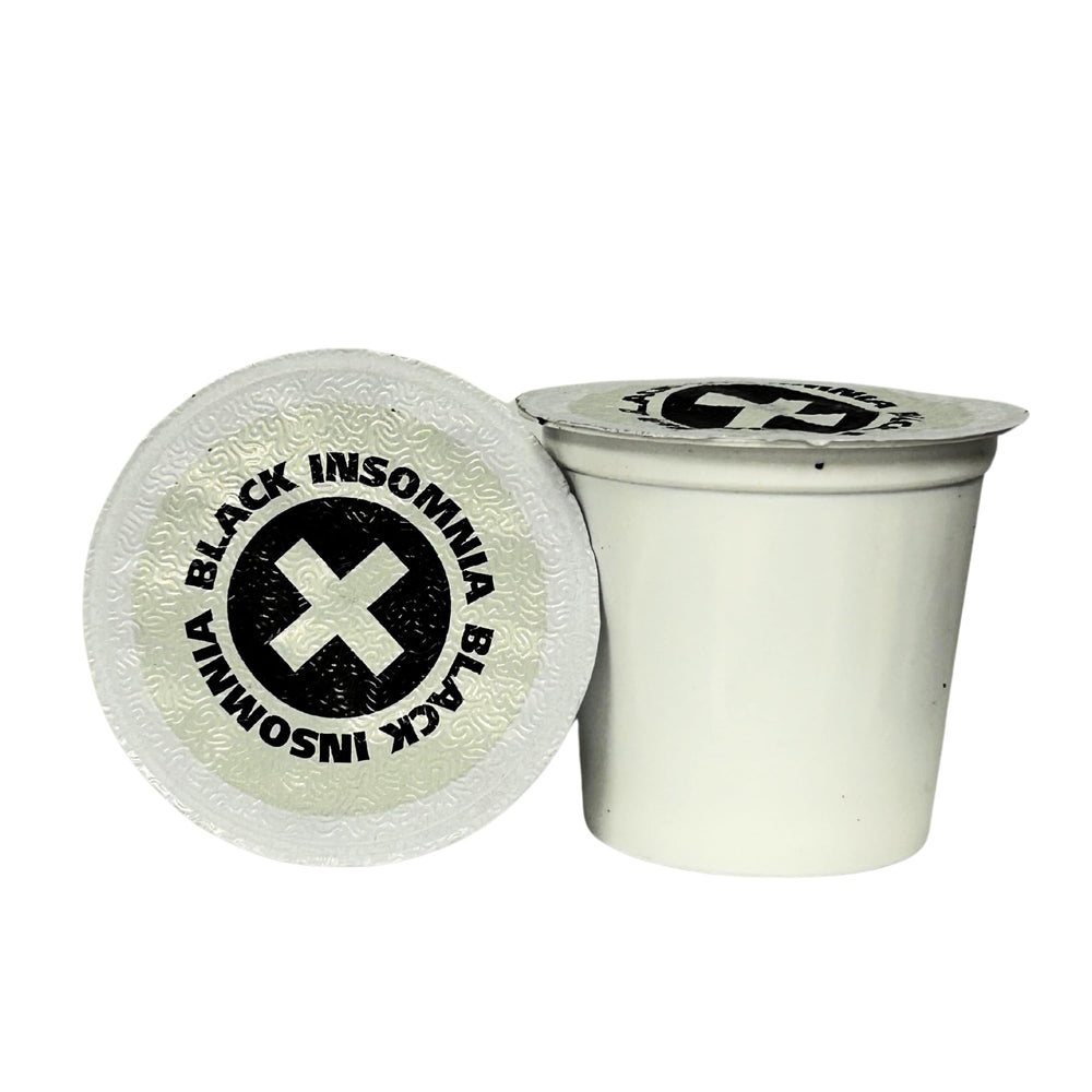 Black Insomnia k-cup top label close-up highlighting Classic Roast and compatibility