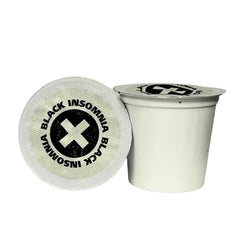 Black Insomnia k-cup top label close-up highlighting Classic Roast and compatibility