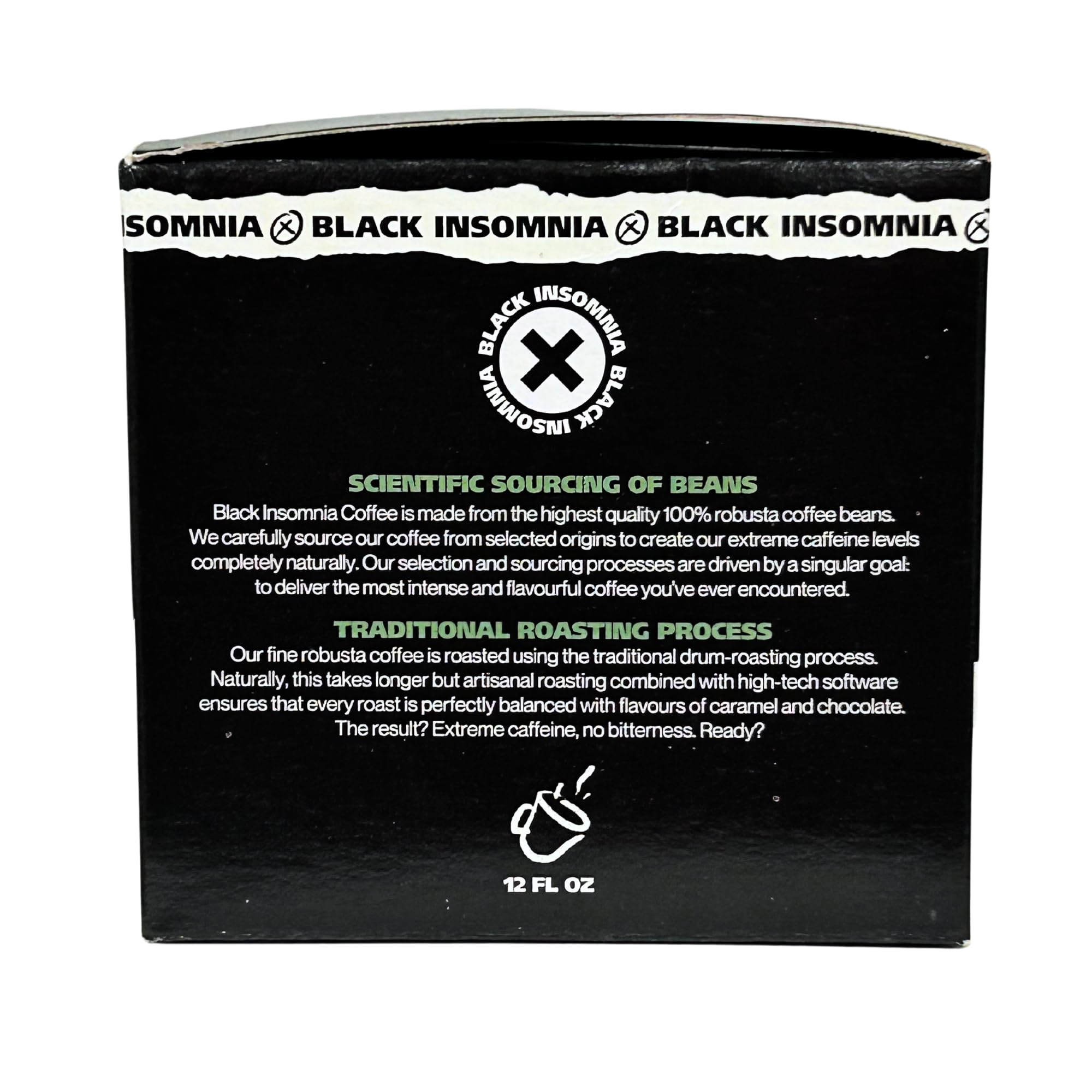 Black Insomnia pod inserted in Keurig brewer demonstrating fast, single-serve brewing