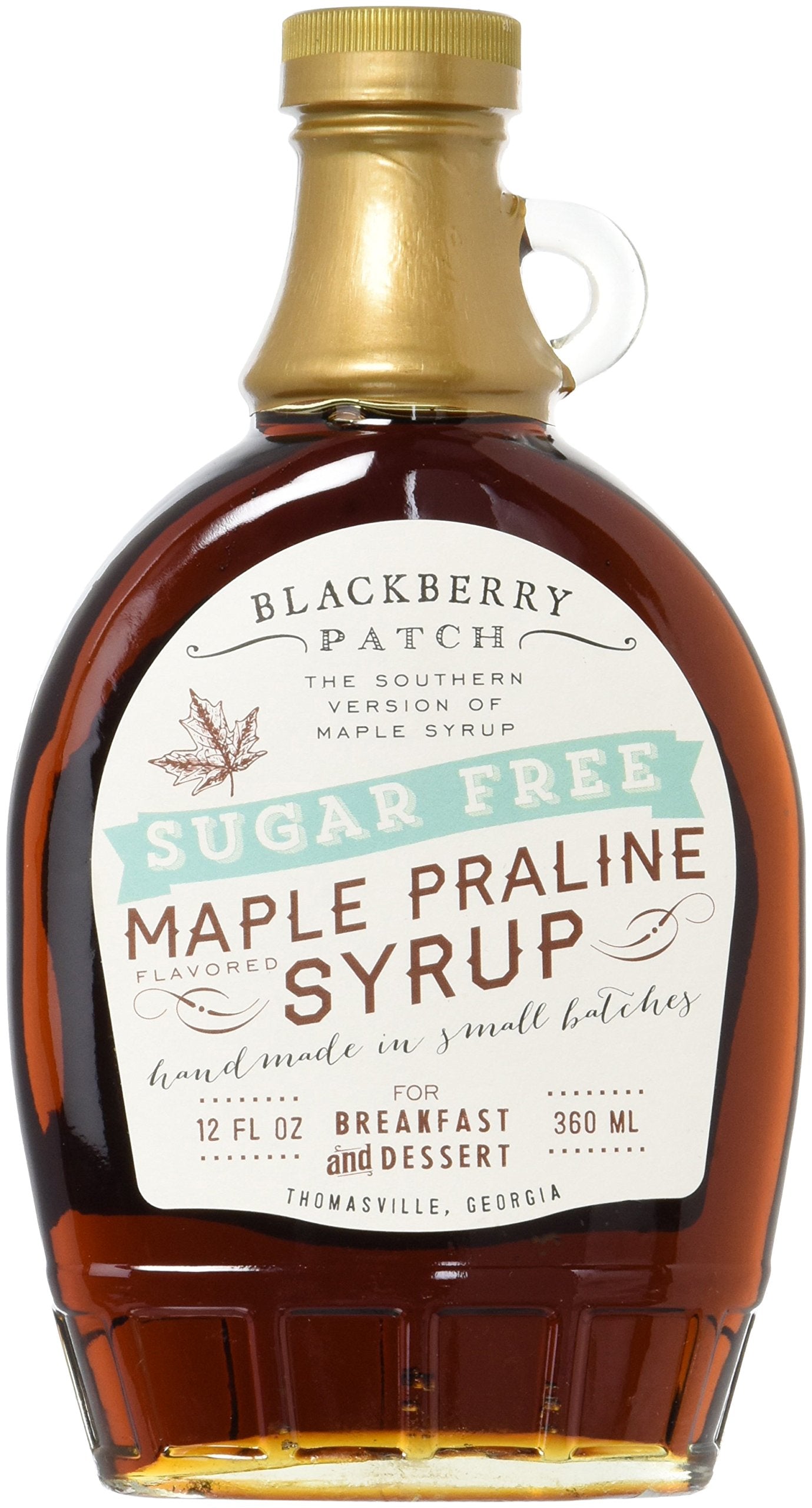 Blackberry Patch bottle front view showing maple praline flavor and lower-calorie benefit