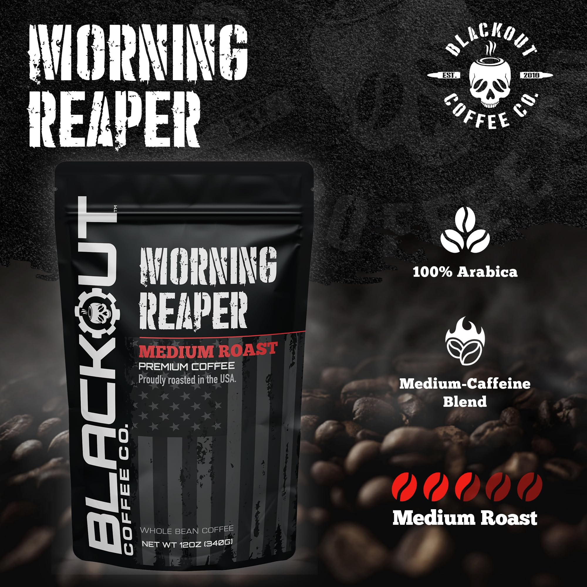 Blackout Coffee label detail displaying roast level and American roasting promise