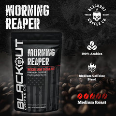 Blackout Coffee label detail displaying roast level and American roasting promise