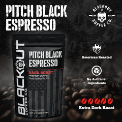 Open 12oz Pitch Black bag steaming aroma from Blackout Coffee for freshness