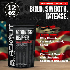 Blackout Coffee beans in scoop demonstrating 12 oz bag portion and scale