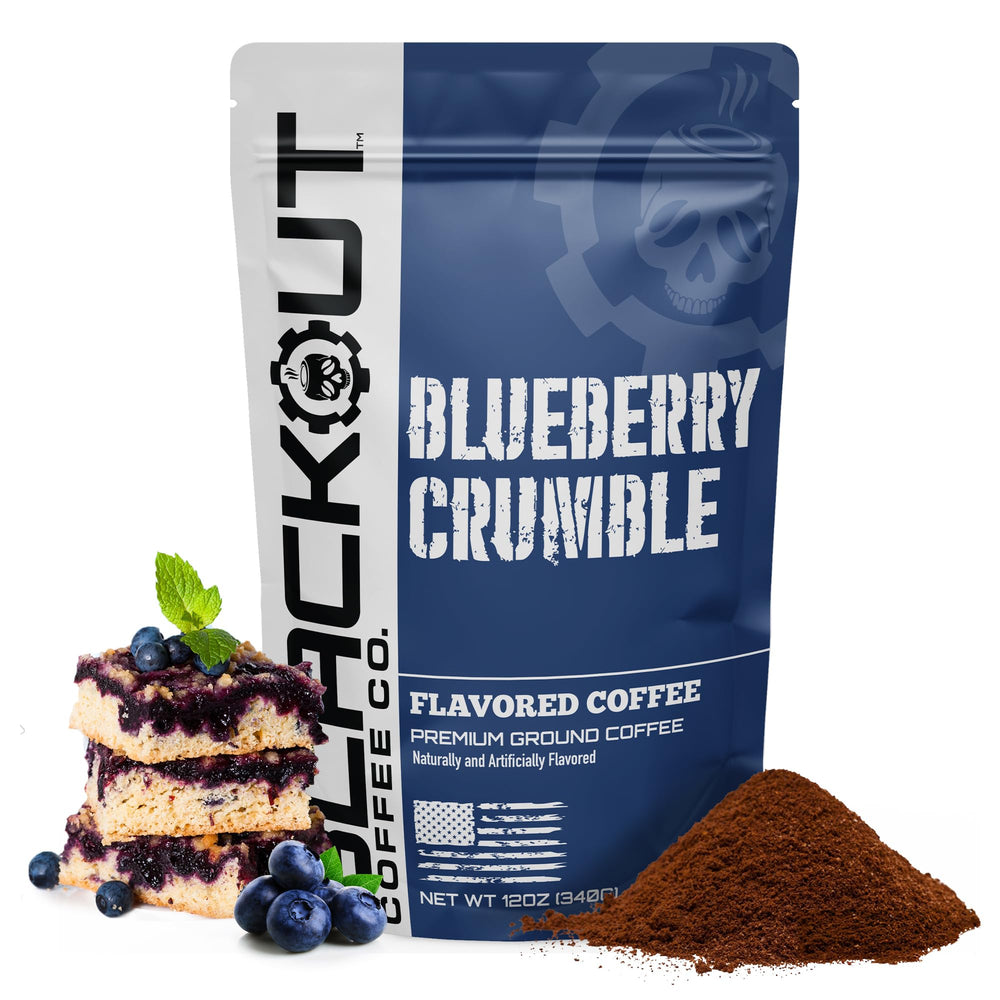 Blackout Coffee Co. front packaging showing blueberry crumble flavor and medium roast benefit