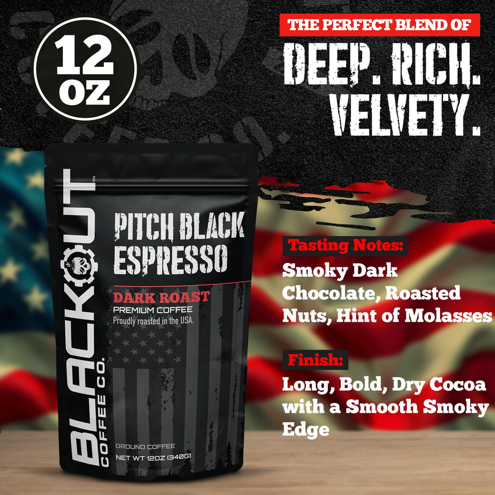 Top view of brewed Pitch Black Espresso cup by Blackout Coffee showing deep color