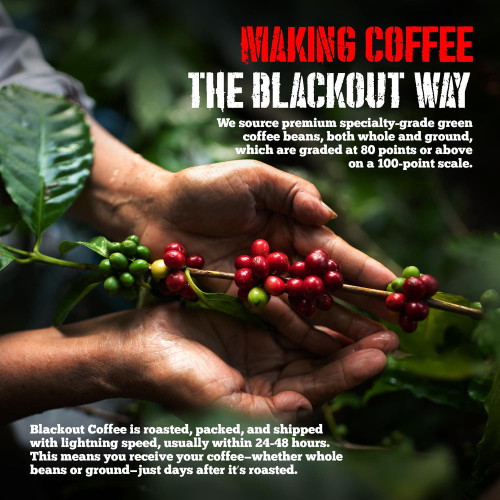 Blackout Coffee Co. 12oz pouch beside common objects showing compact size and portability