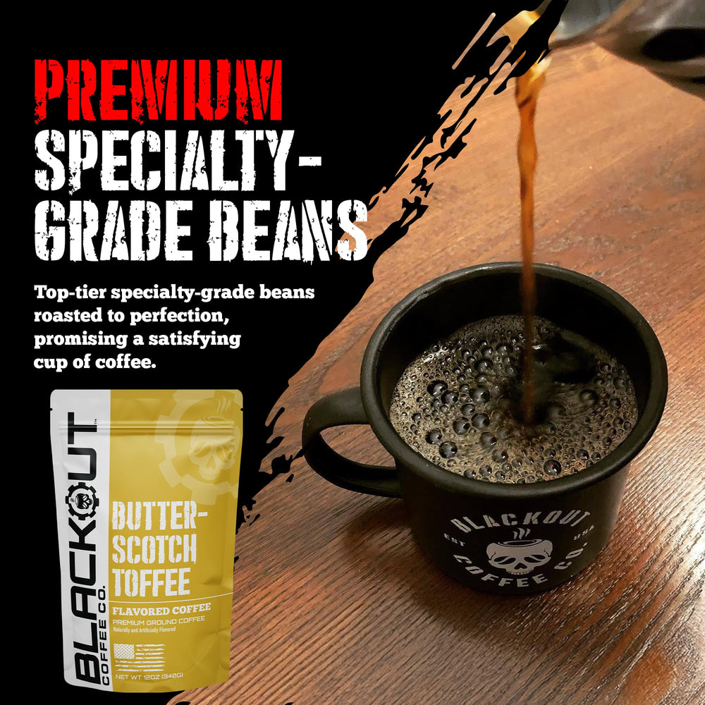 Blackout Coffee Co. latte in hand illustrating creamy butterscotch-toffee enjoyment at home