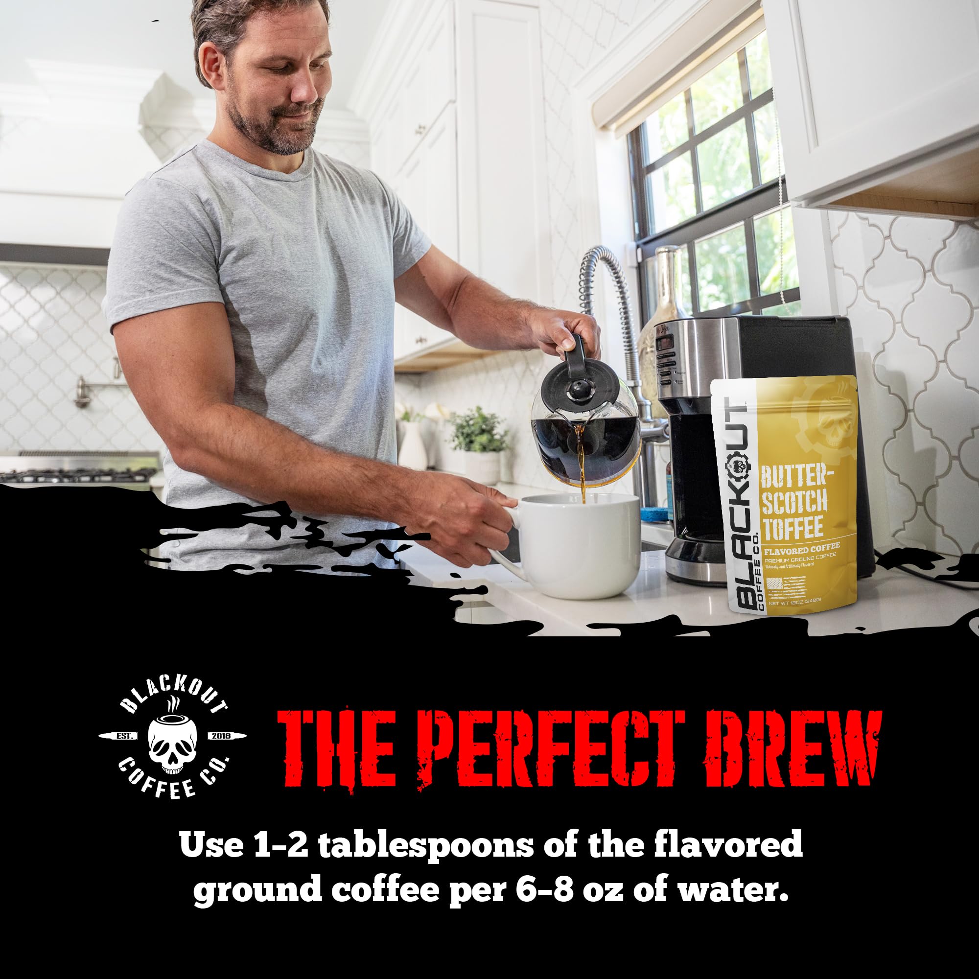 Blackout Coffee Co. steaming pour into mug emphasizing warm aroma and inviting presentation