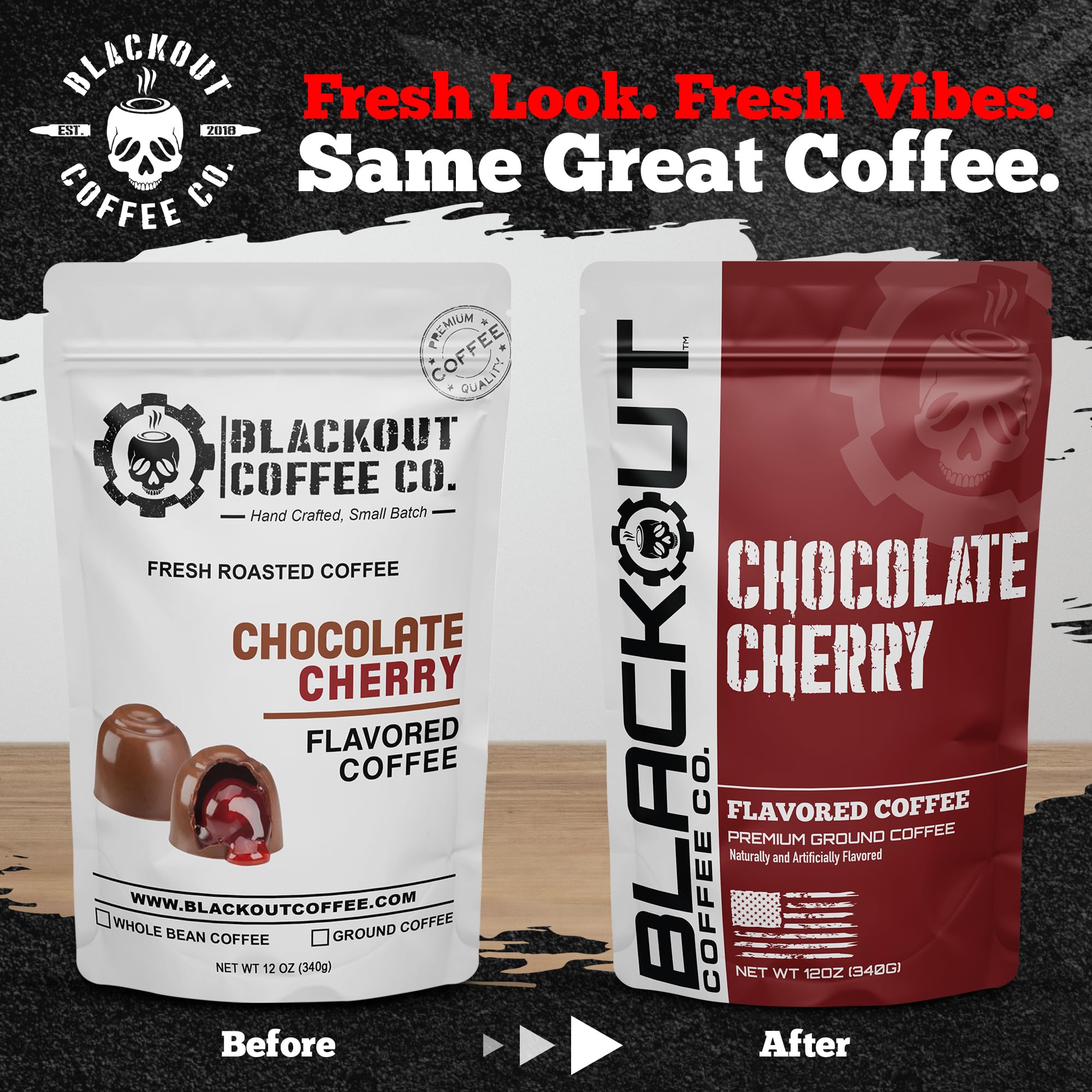 Blackout Coffee back label and nutrition panel highlighting roasted-in-USA benefit