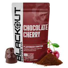 Blackout Coffee front pouch showing chocolate cherry label and freshness benefit