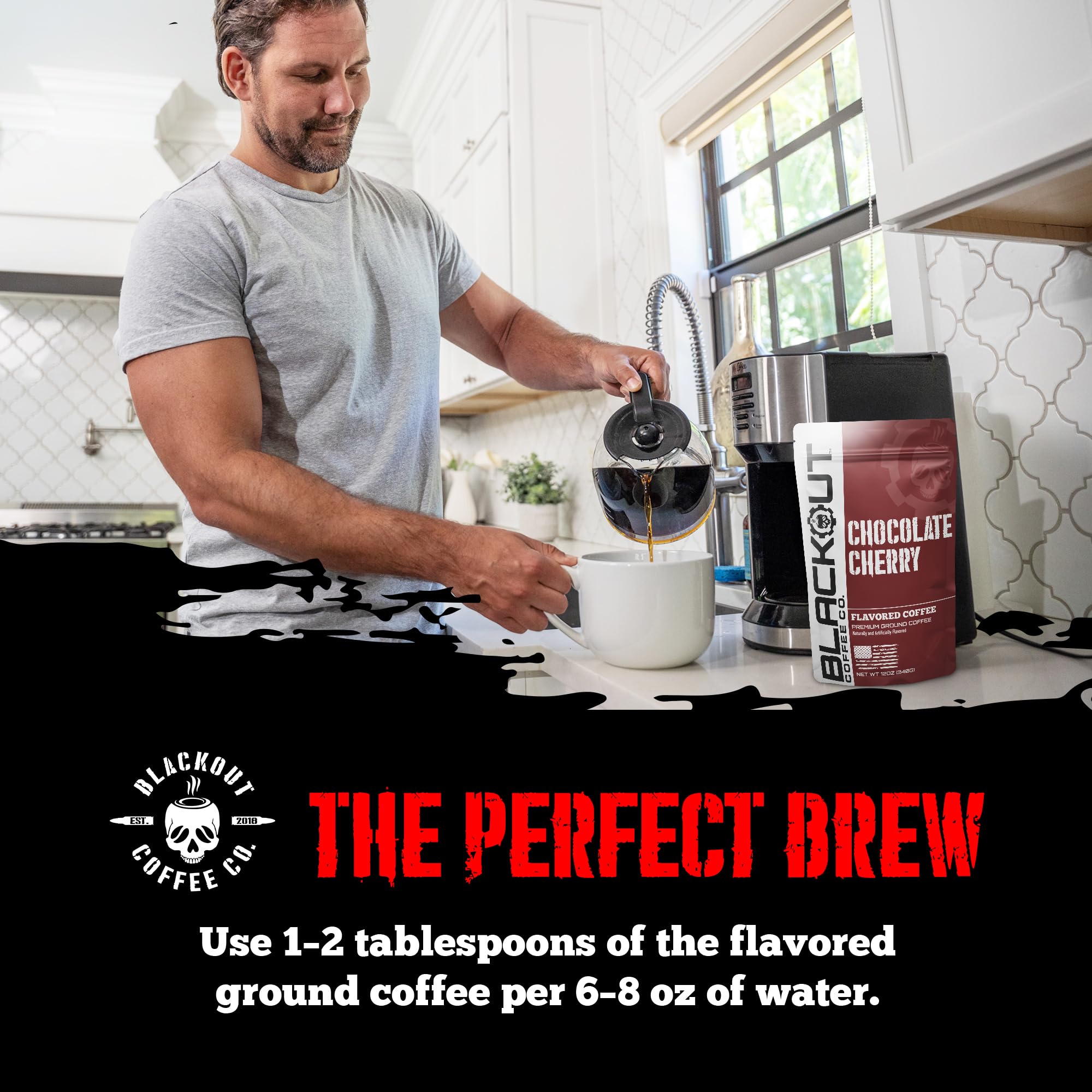 Blackout Coffee lifestyle shot on kitchen table showing everyday enjoyment benefit