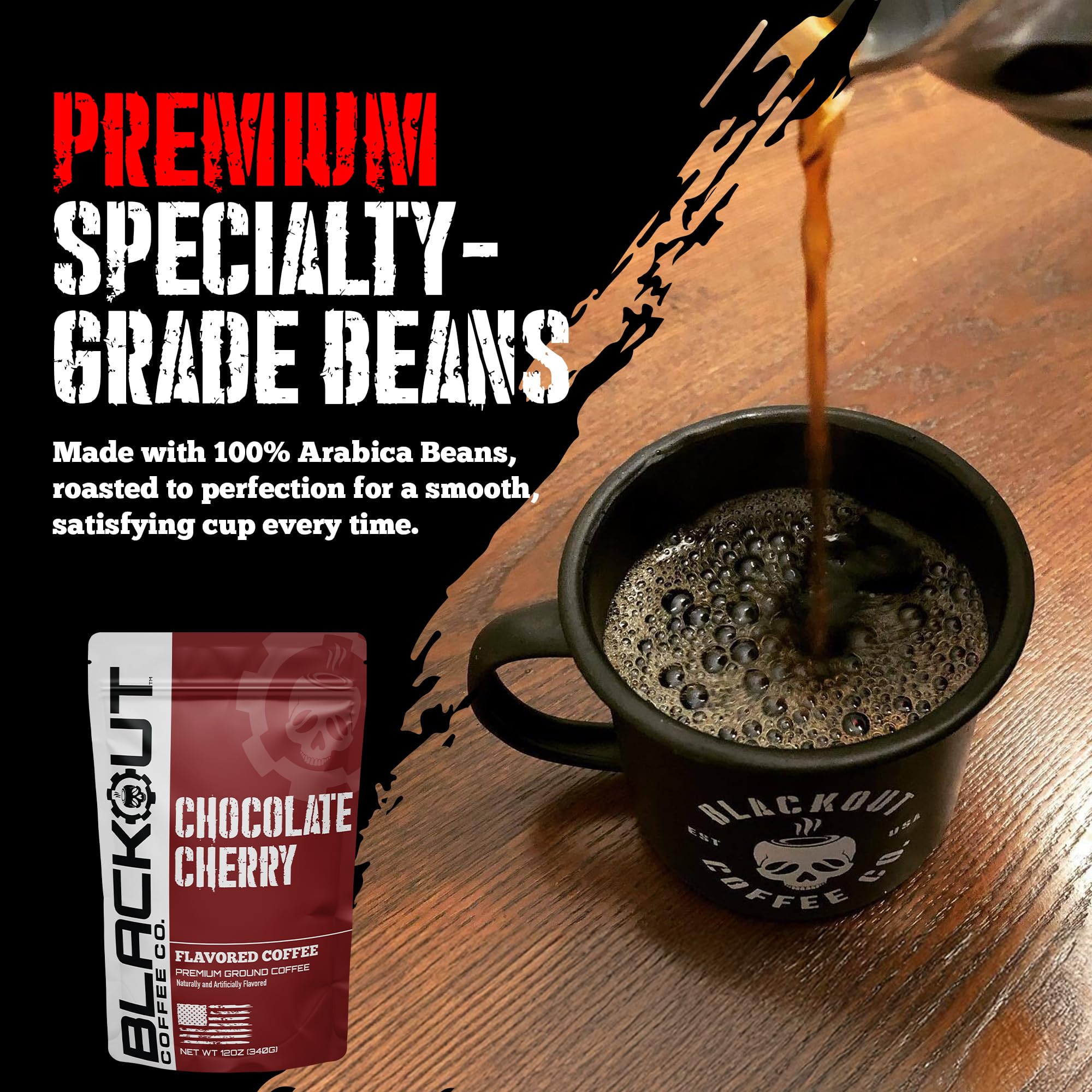 Blackout Coffee scoop of grounds highlighting convenient pre-ground readiness