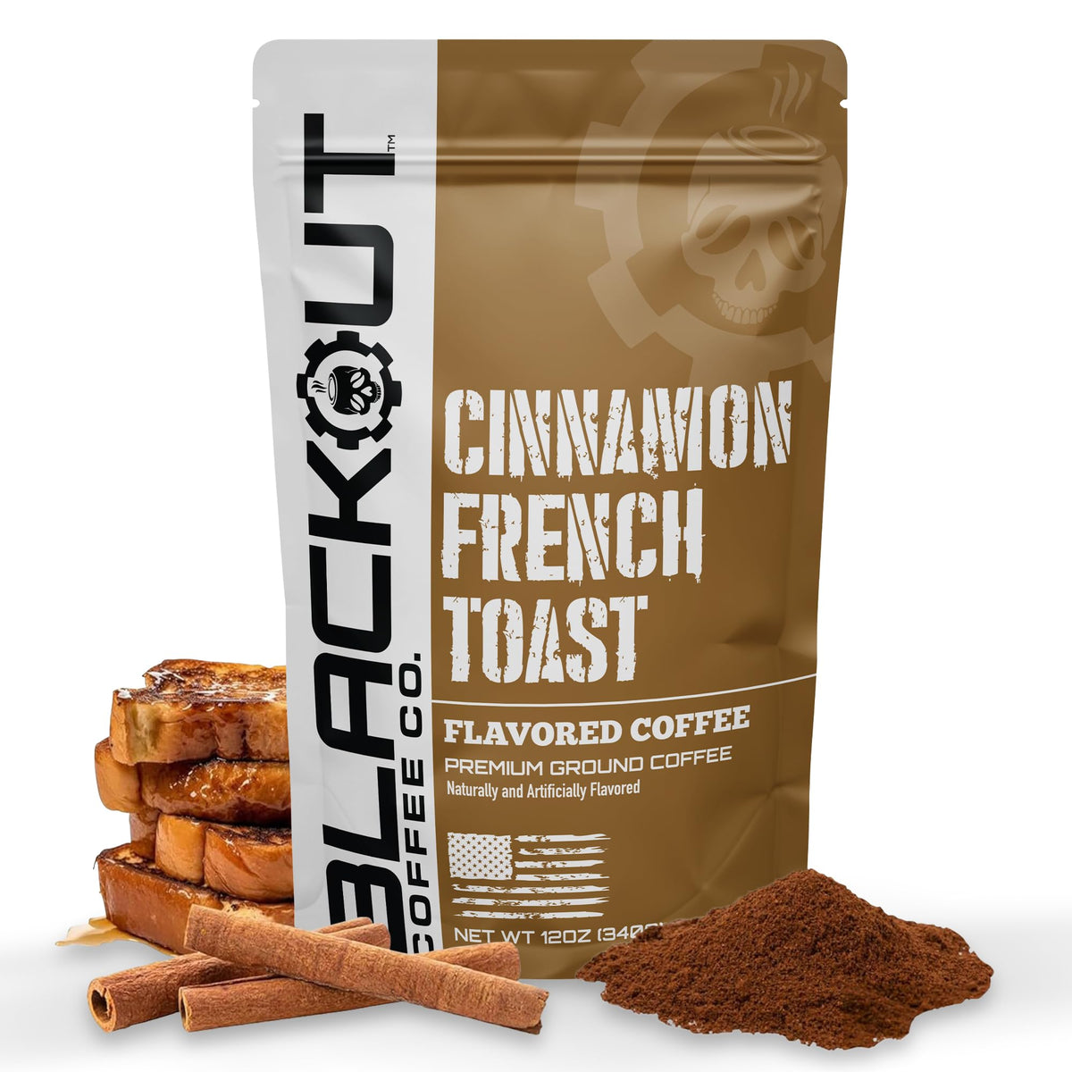 Blackout Coffee Co. front packaging showing cinnamon french toast flavor, enticing aroma benefit
