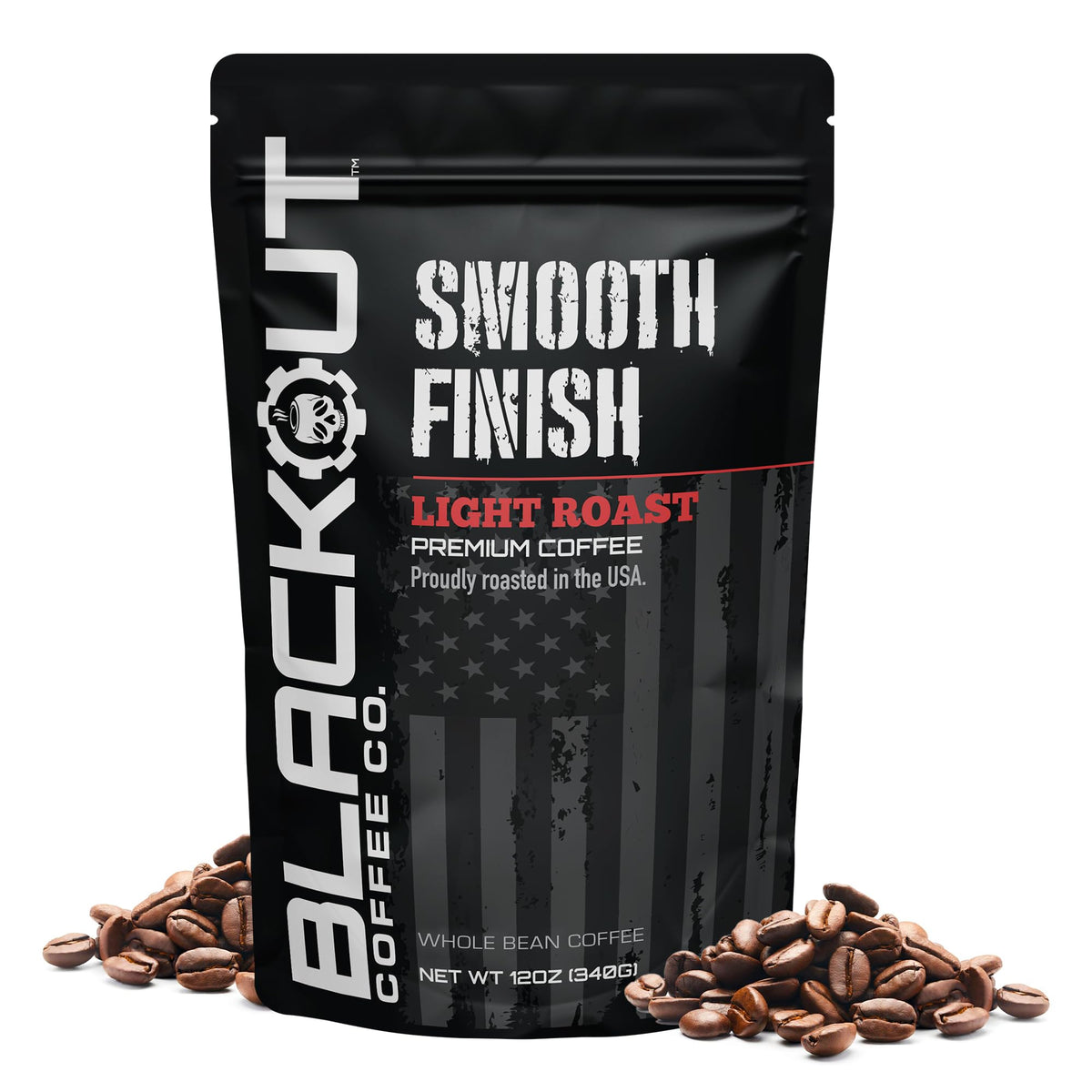 Blackout Coffee front package showing light roast branding and 12 oz weight benefit