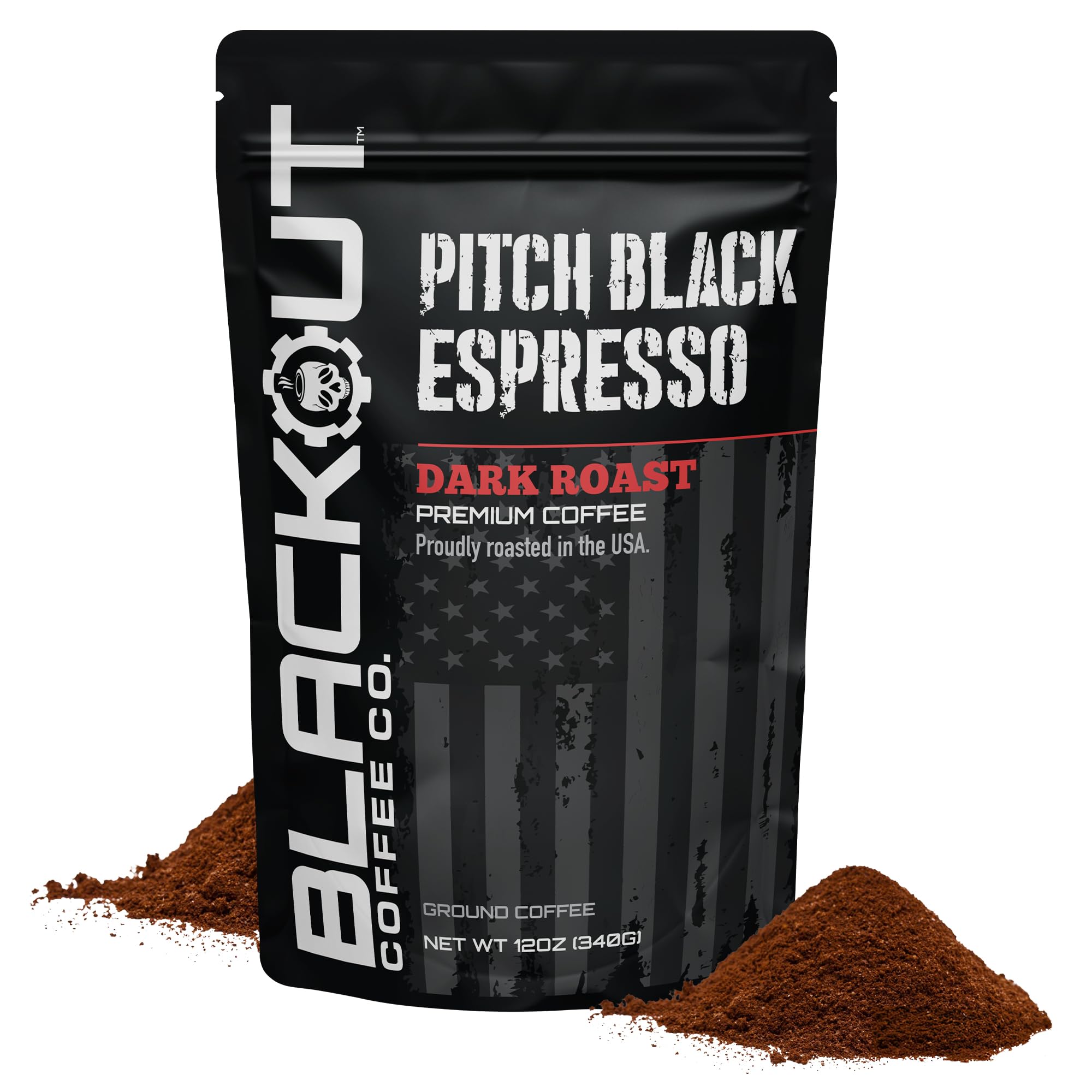 Blackout Coffee front packaging showing Pitch Black Espresso for bold flavor
