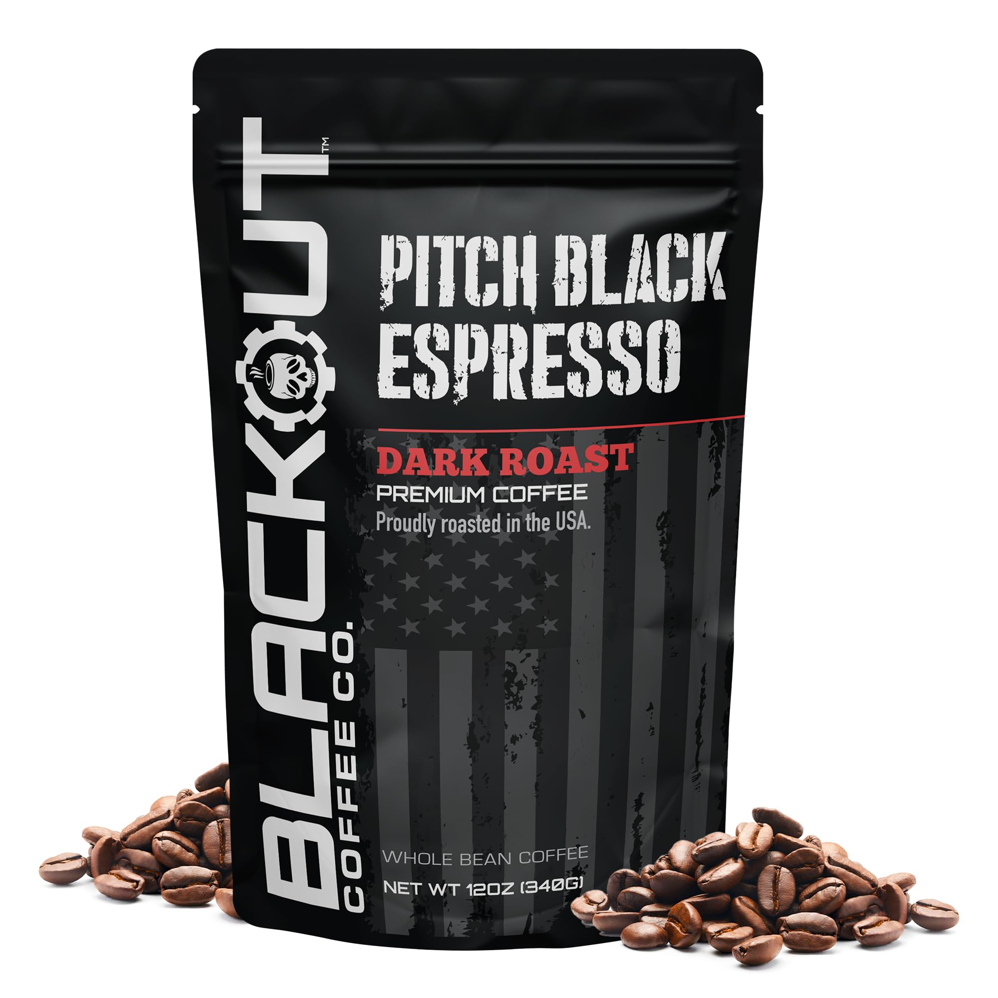Blackout Coffee front packaging showing 12oz bag and bold branding benefit freshness