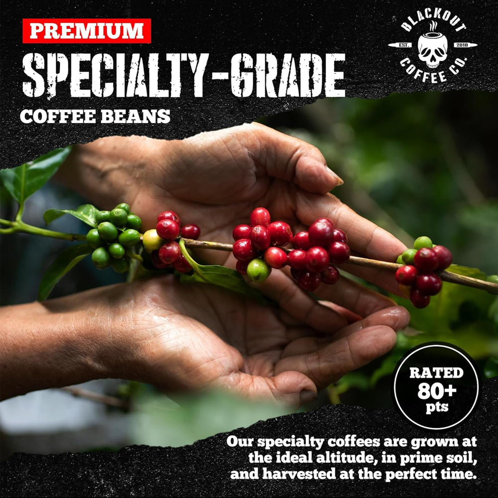 Blackout Coffee beans next to scale and scoop demonstrating precise measurement