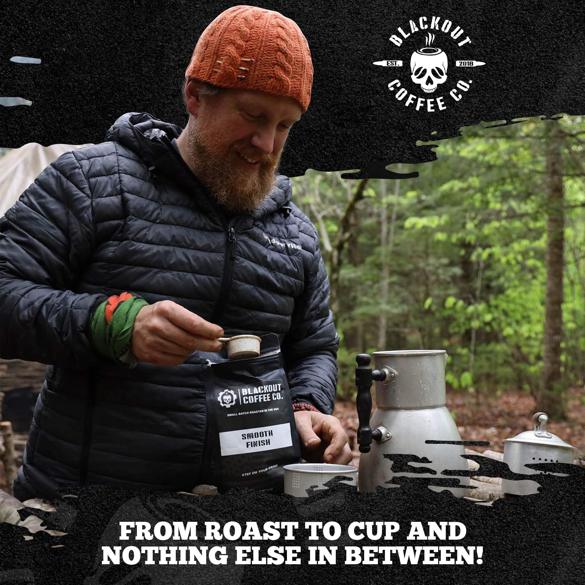 Blackout Coffee Co. bag beside a kitchen scale showing 12 oz size for portioning