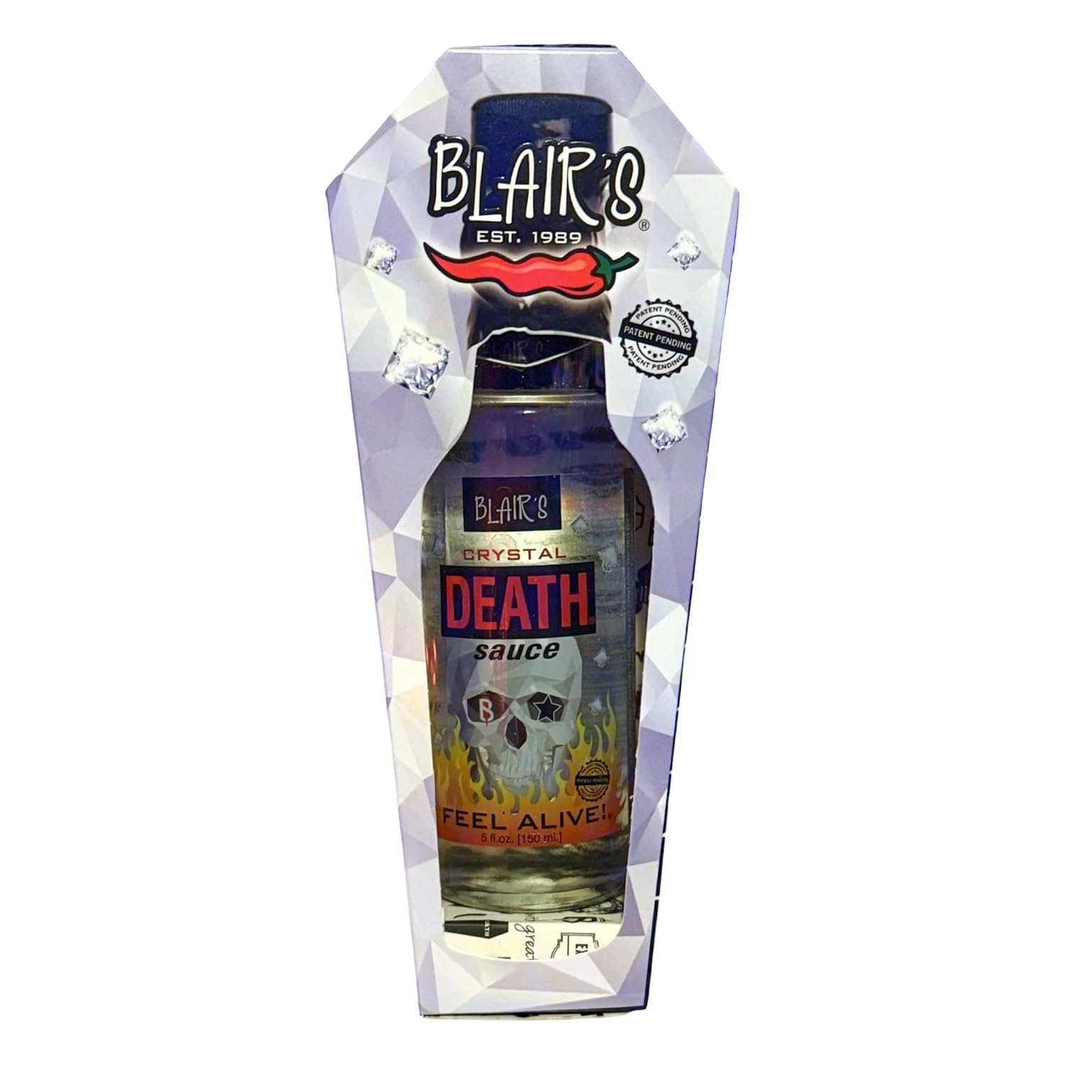 Blair's Crystal Death front view in coffin packaging, collectible presentation benefit