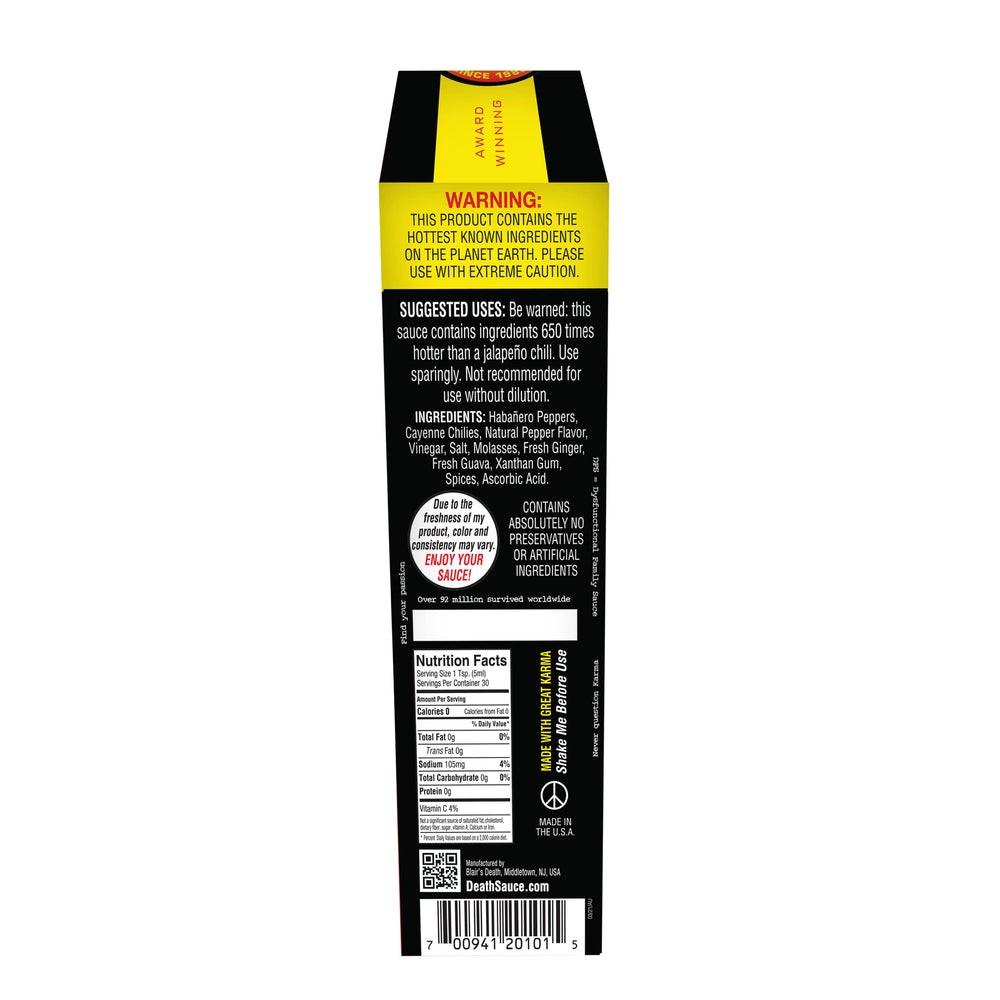 Blair's Mega Death close-up label showing ingredients and extreme-heat warning benefit