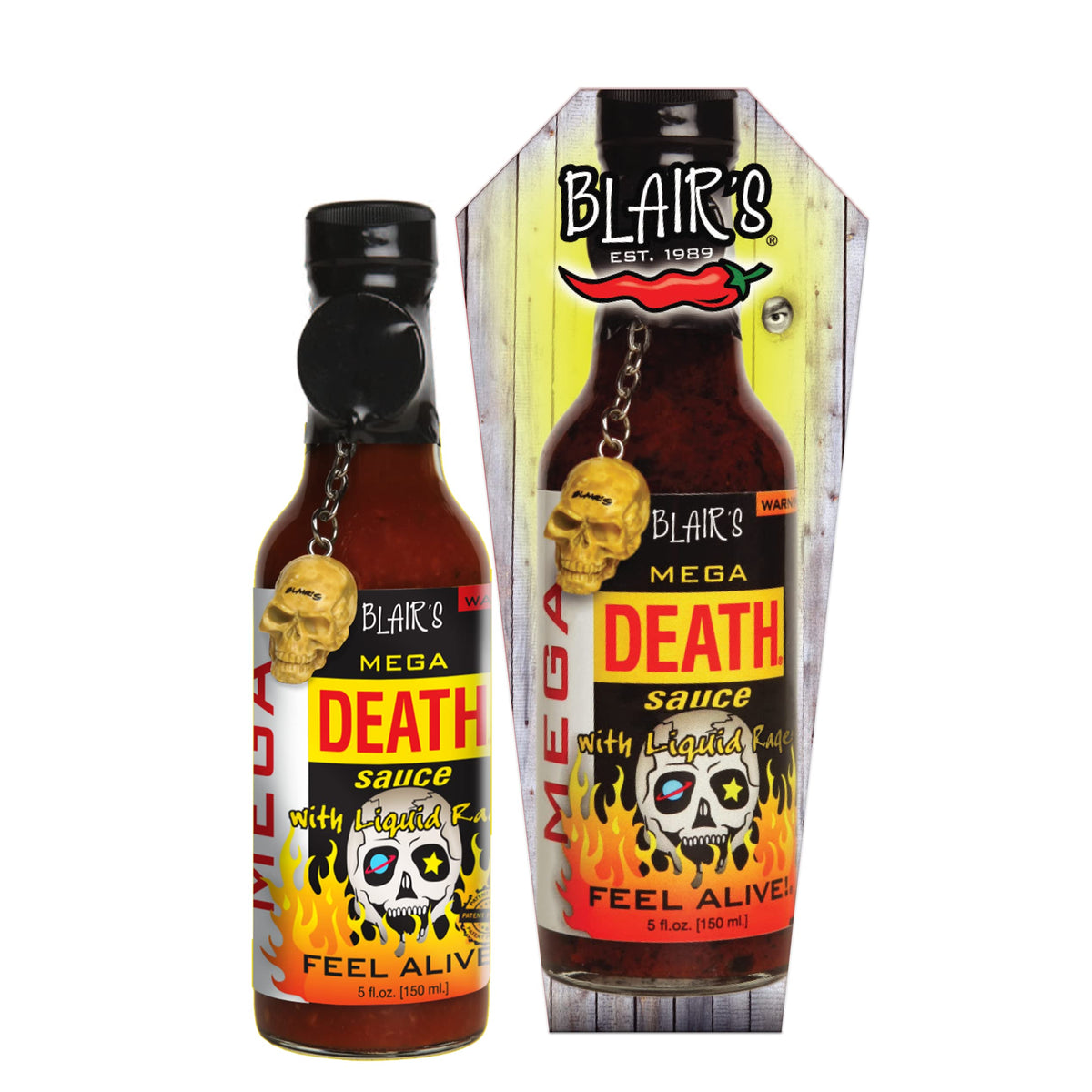 Blair's Mega Death front bottle showing label and serving suggestion benefit
