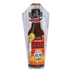 Close-up of Blair's Ultra Death bottle texture and label details for ingredient visibility