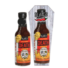 Blair's Ultra Death front label showing heat warning and branding for confident buyers