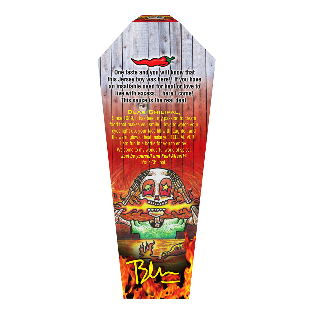 Blair's Ultra Death 5 oz bottle next to a measuring spoon illustrating scale and portioning