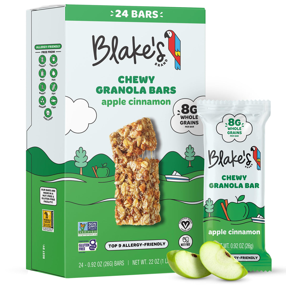 Blake's Seed Based front packaging showing 24-count apple cinnamon bars and convenience