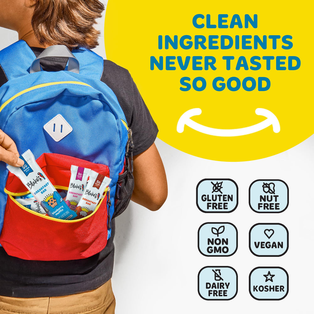 Blake's Seed Based bars arranged in a school lunchbox, allergy-friendly snack option