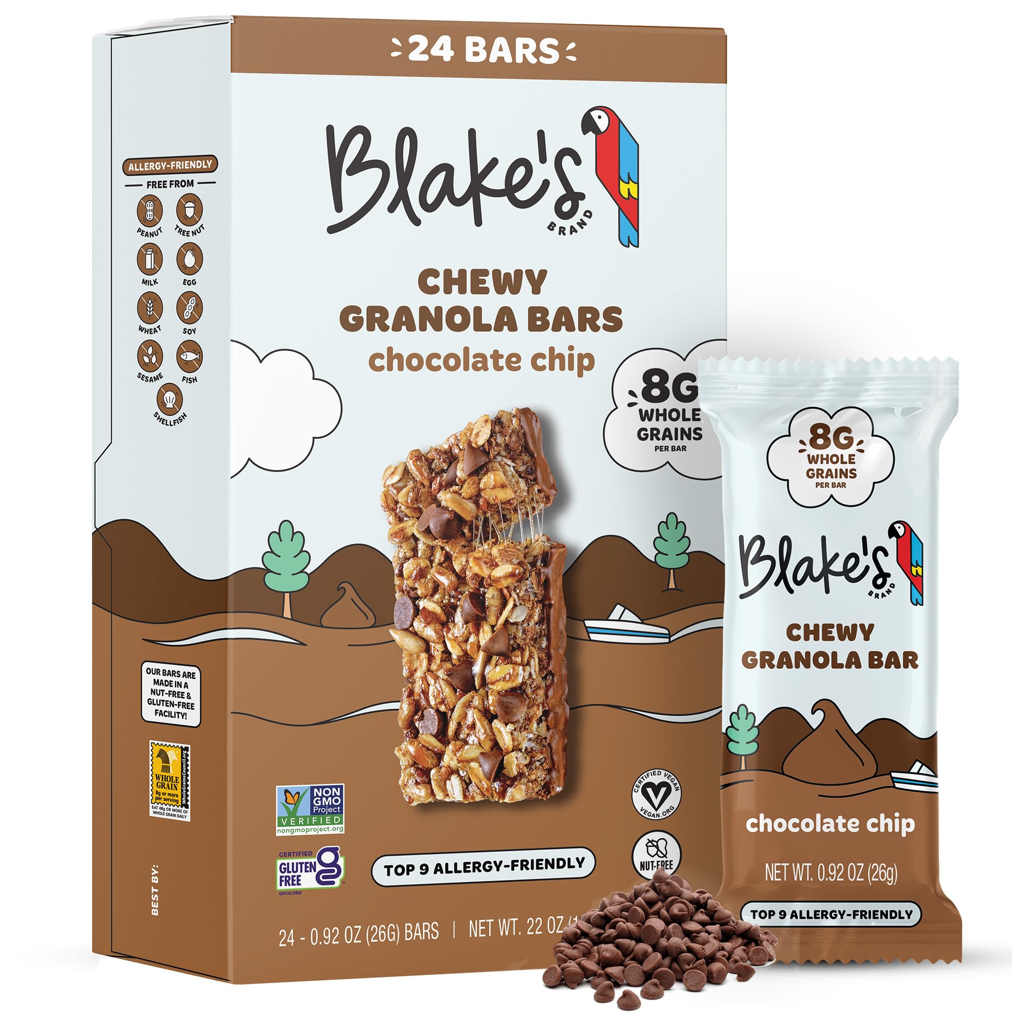Blake's front packaging showing 24-count box and chocolate chip appeal, convenient supply
