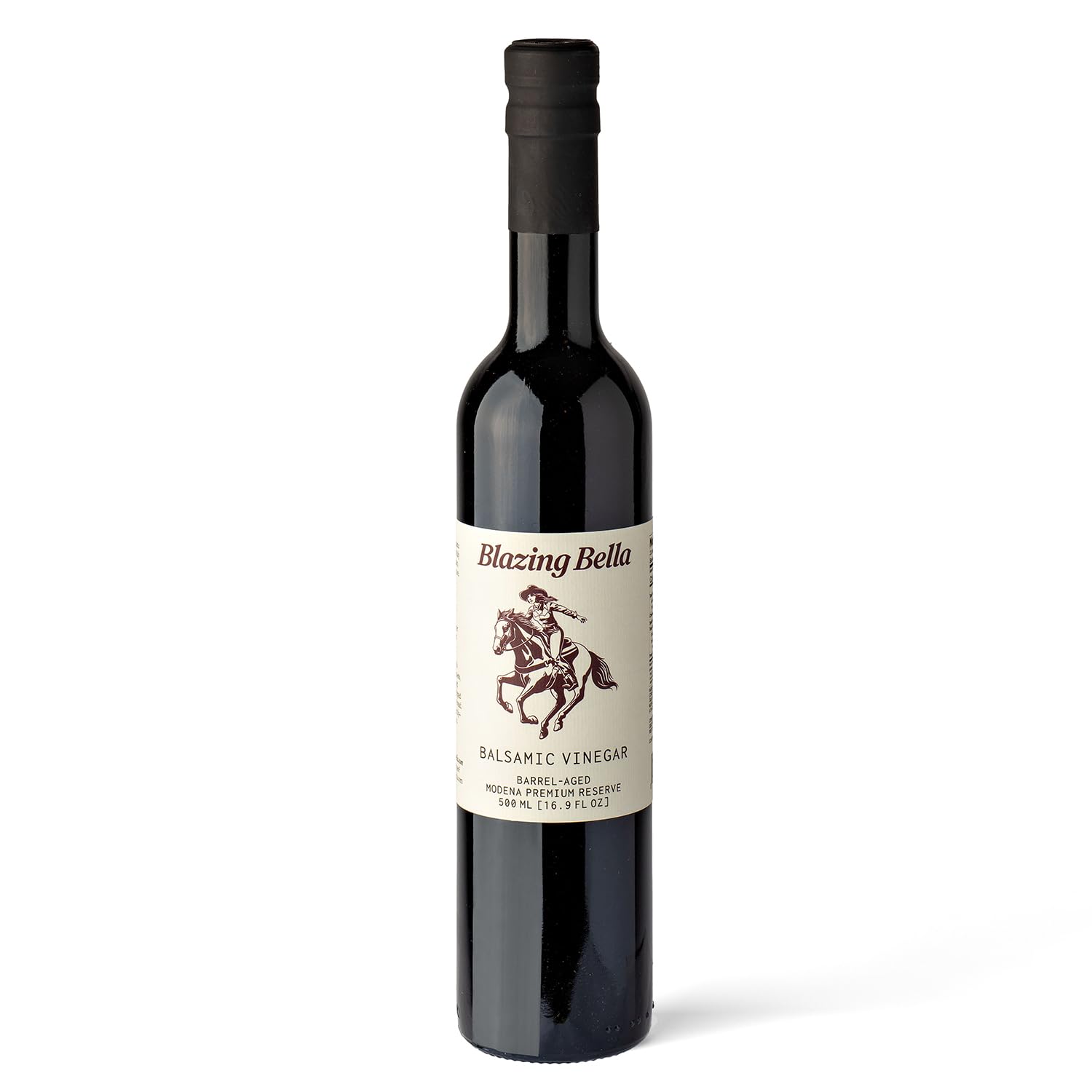 Blazing Bella front bottle of Modena balsamic showcasing premium presentation and authenticity