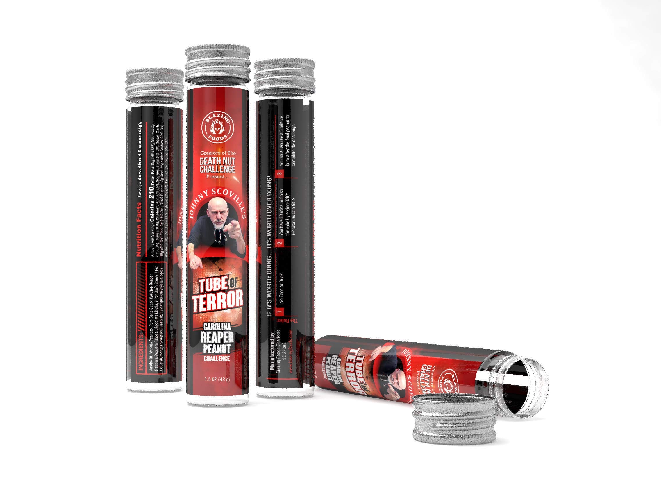 BLAZING FOODS tube front packaging showing bold challenge branding and heat warning