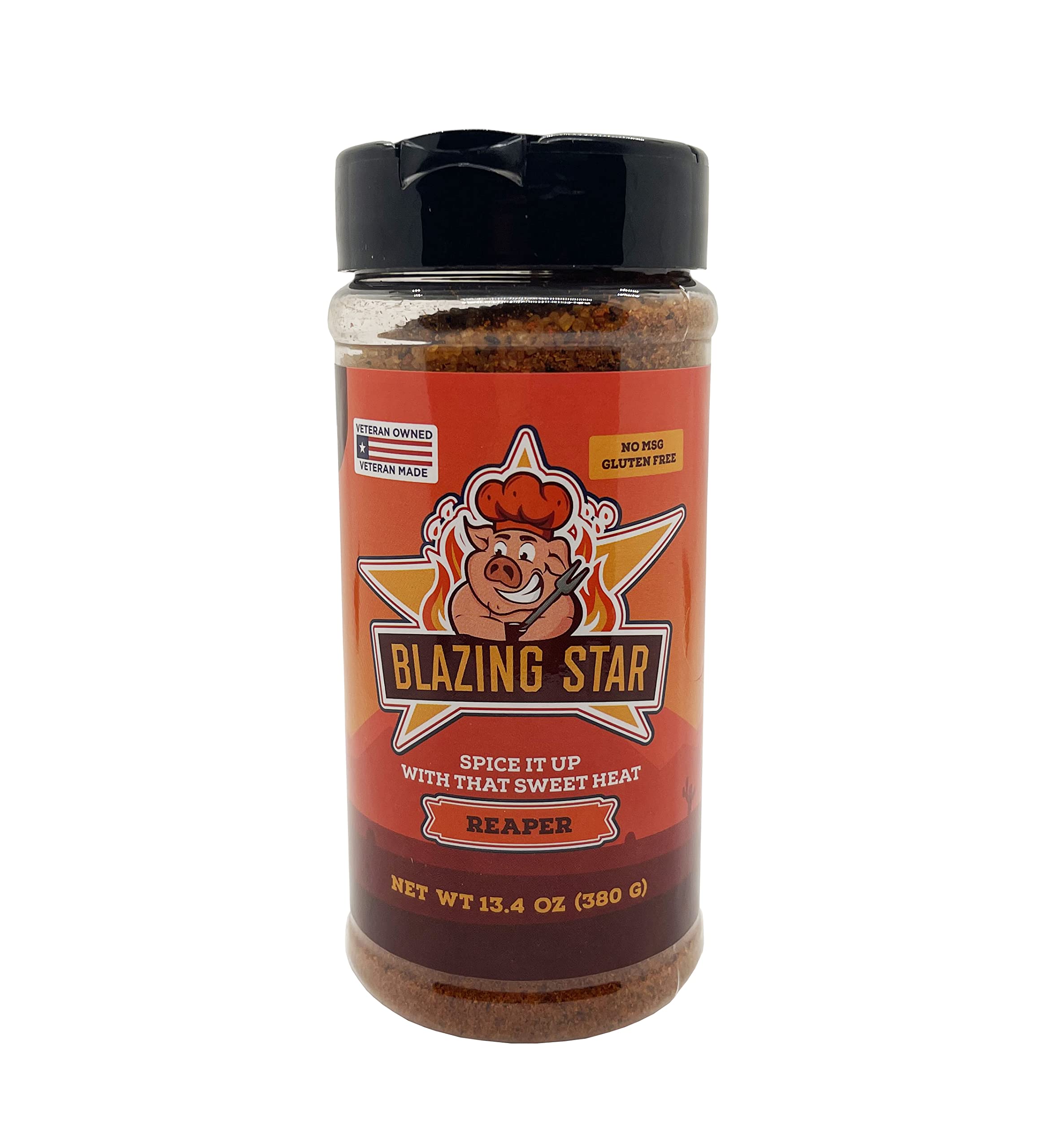 Blazing Star BBQ front label on 13.4 oz jar showing product identity and benefit