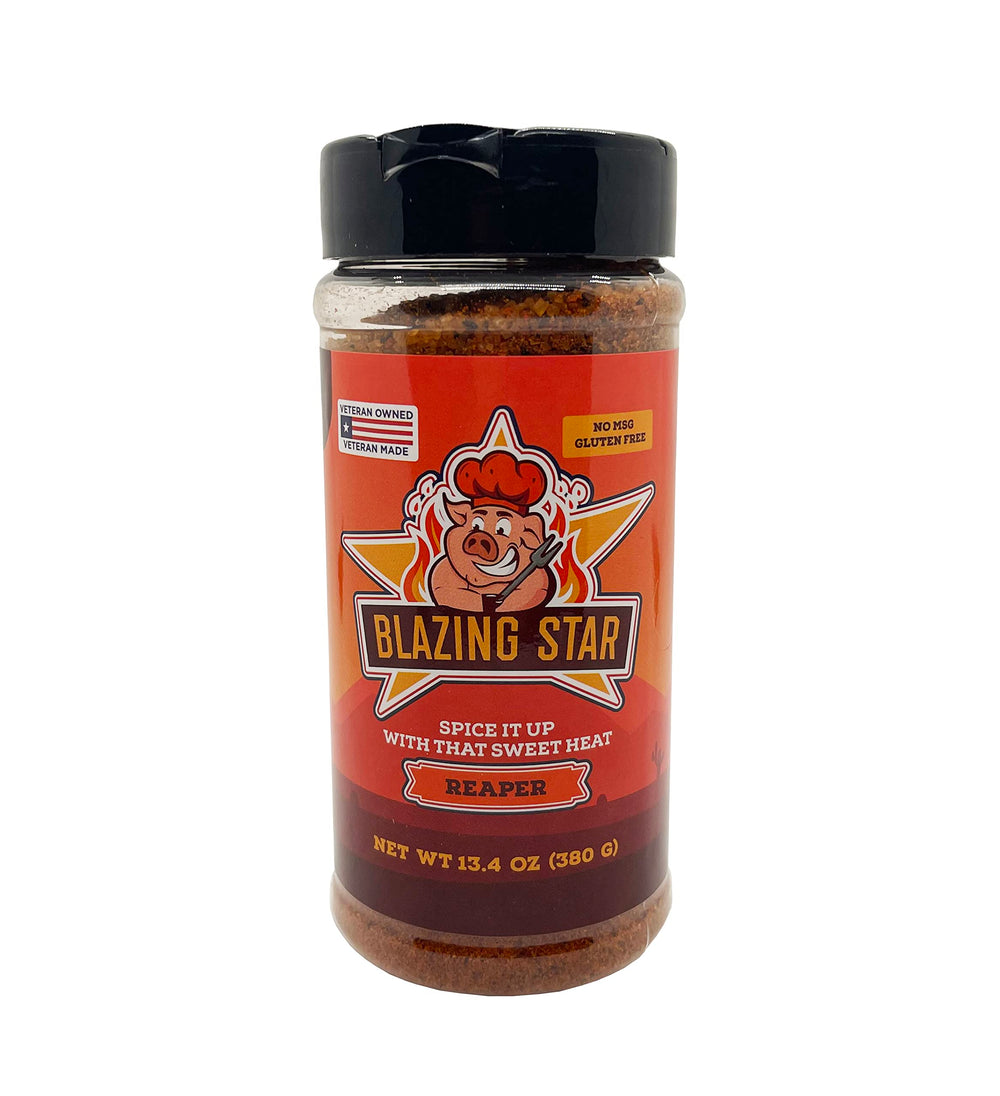 Blazing Star BBQ front label on 13.4 oz jar showing product identity and benefit