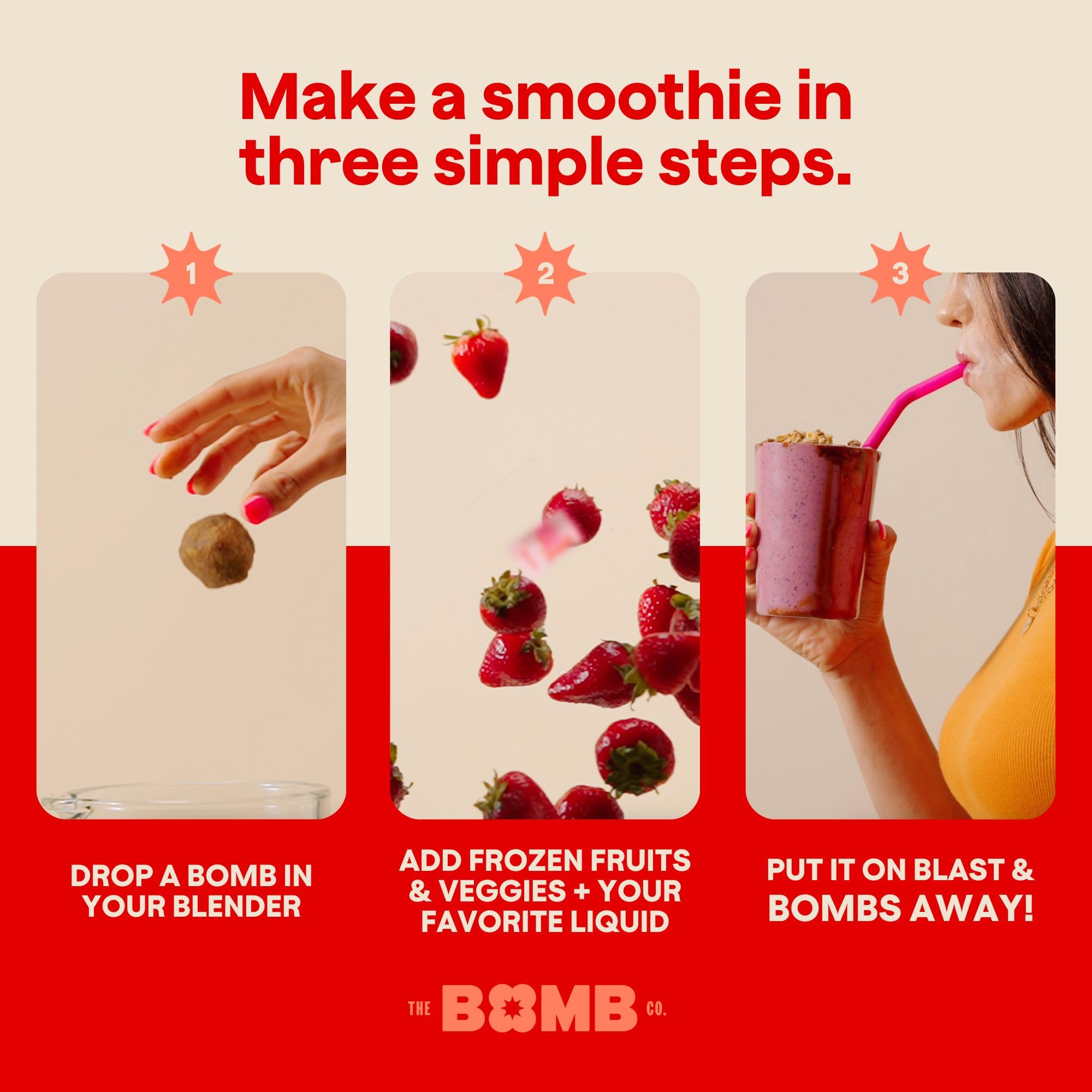 Blender Bombs PB Blast inside blender with fruit illustrating easy blending