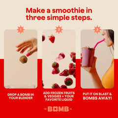 Blender Bombs PB Blast inside blender with fruit illustrating easy blending