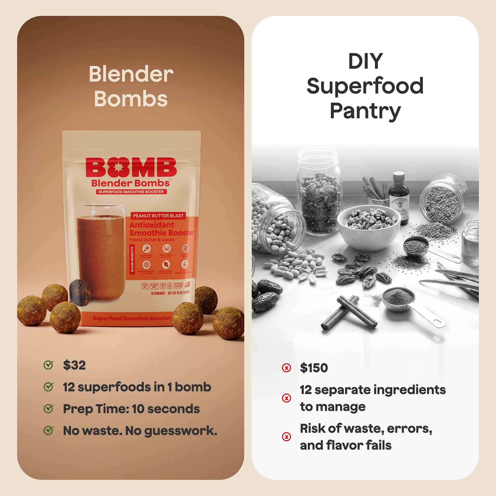 Blender Bombs PB Blast nutrition label closeup showing calories and macros