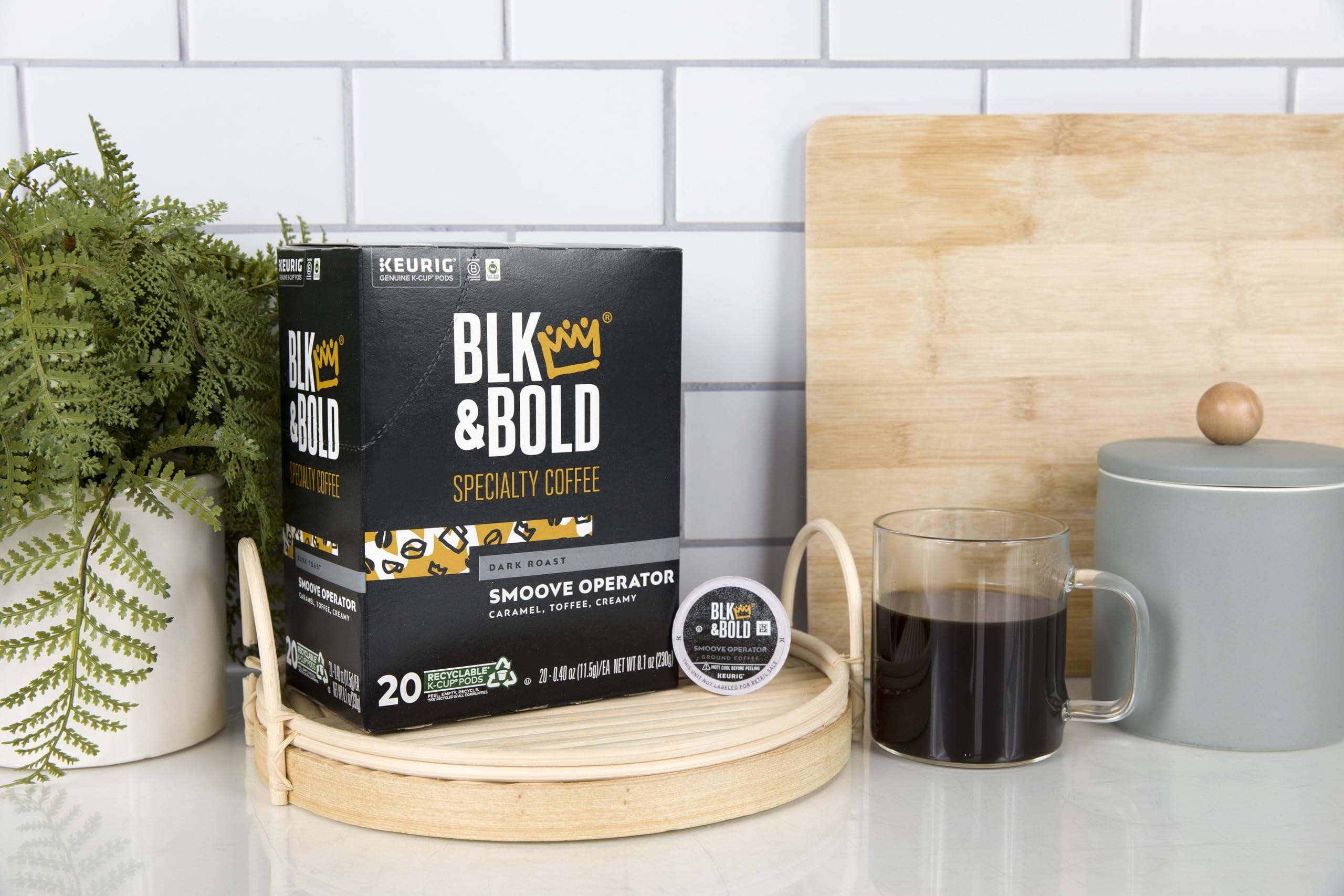 BLK & Bold opened pack displaying all 20 pods, indicates shelf-ready supply