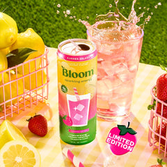 Bloom Nutrition can pouring into glass showcasing fizzy refreshment benefit