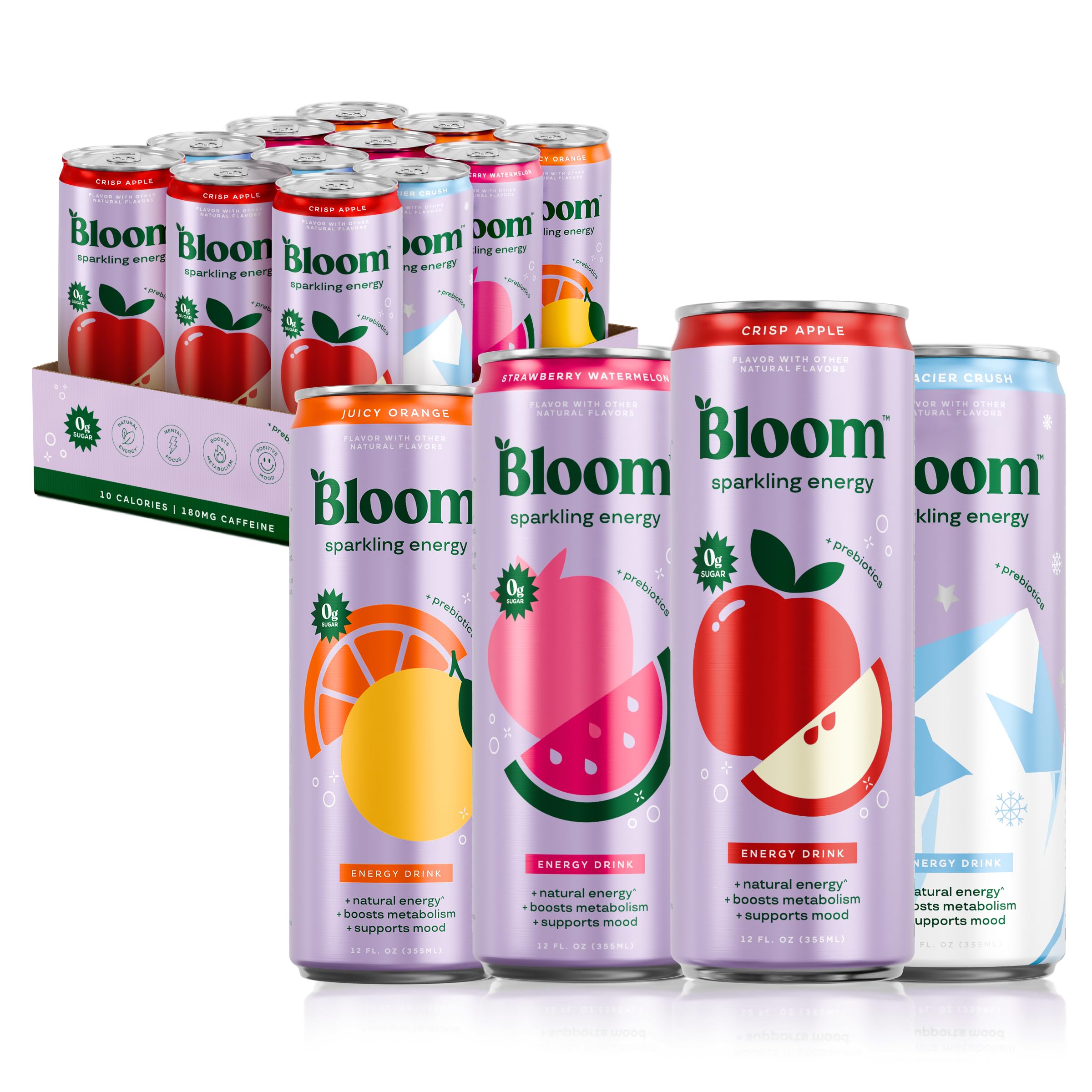 Bloom Nutrition variety pack front view showing cans and labels, flavorful convenience