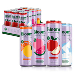 Bloom Nutrition variety pack front view showing cans and labels, flavorful convenience