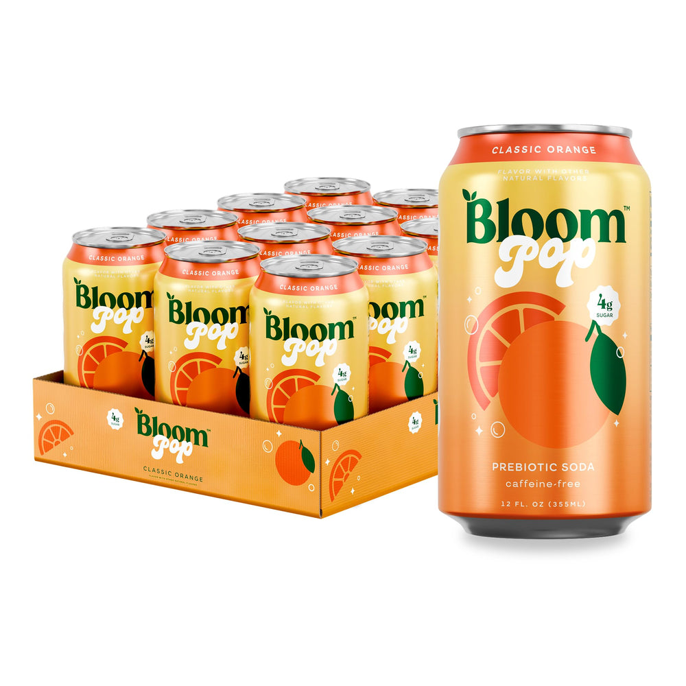 Bloom Nutrition front packaging showing Classic Orange 12-pack and convenience benefit