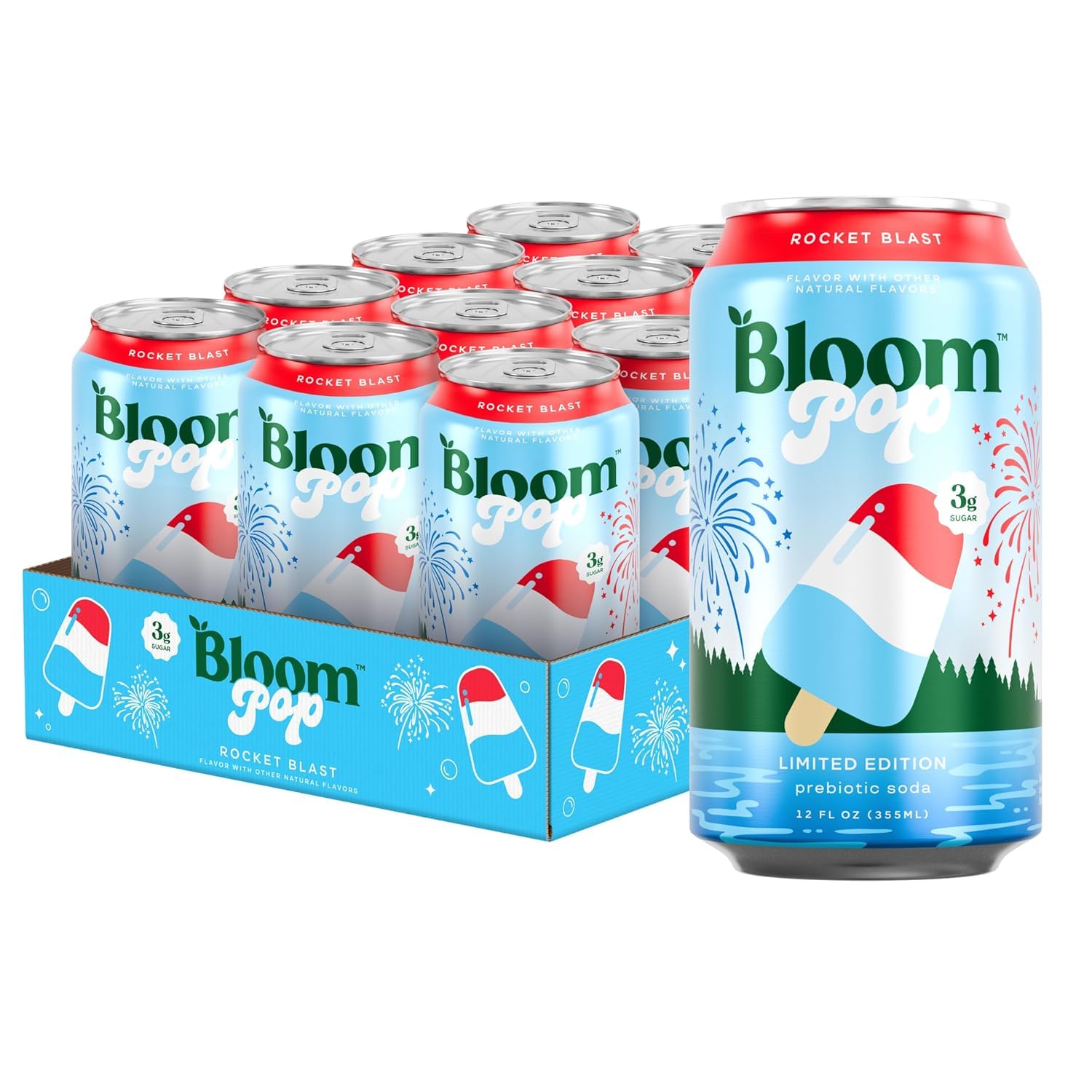 Bloom Nutrition Rocket Blast front packaging showing vibrant can and branding benefit: clear product identity