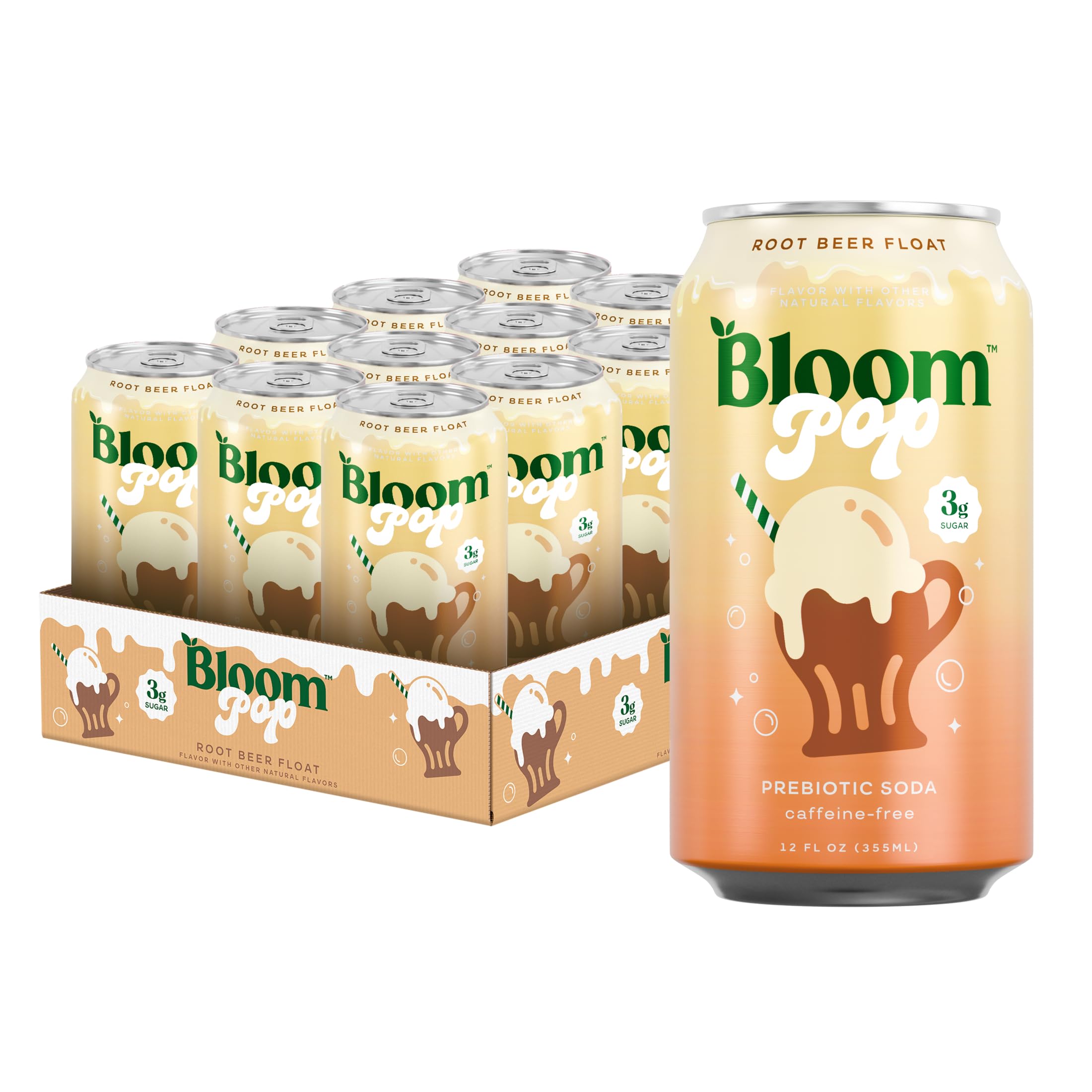 Bloom Nutrition front packaging of Rootbeer Float showing 12oz can and branding benefits
