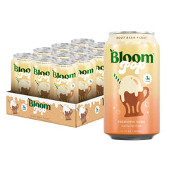 Bloom Nutrition front packaging of Rootbeer Float showing 12oz can and branding benefits