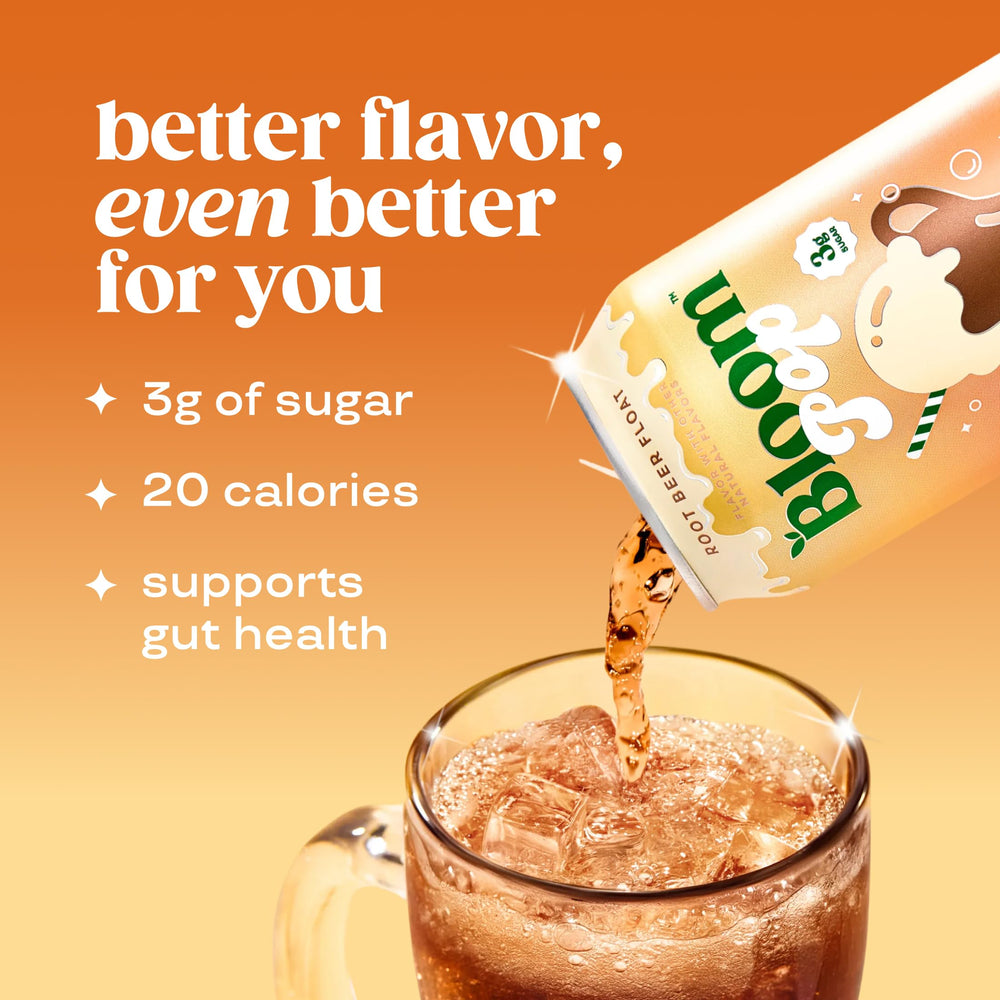 Bloom Nutrition poured glass of Rootbeer Float showing creamy foam and refreshing benefit