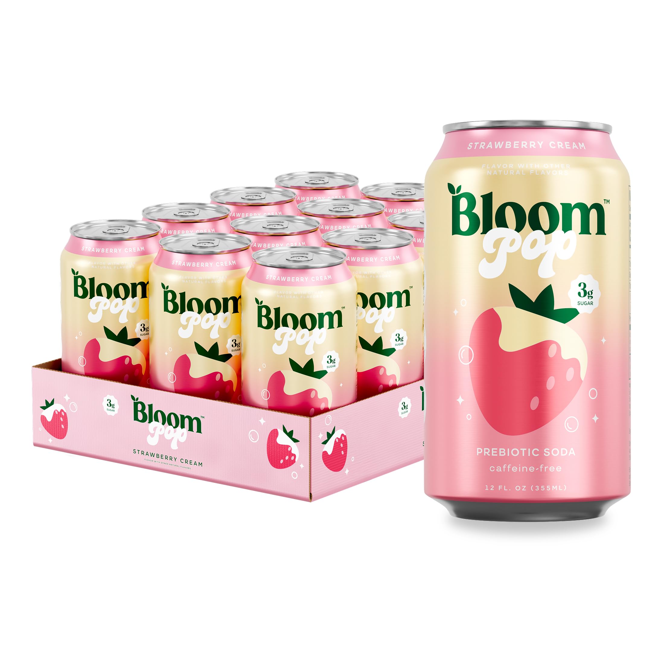 Bloom Nutrition Bloom Pop front packaging showing Strawberry Cream 12-pack and bright cans for easy identification