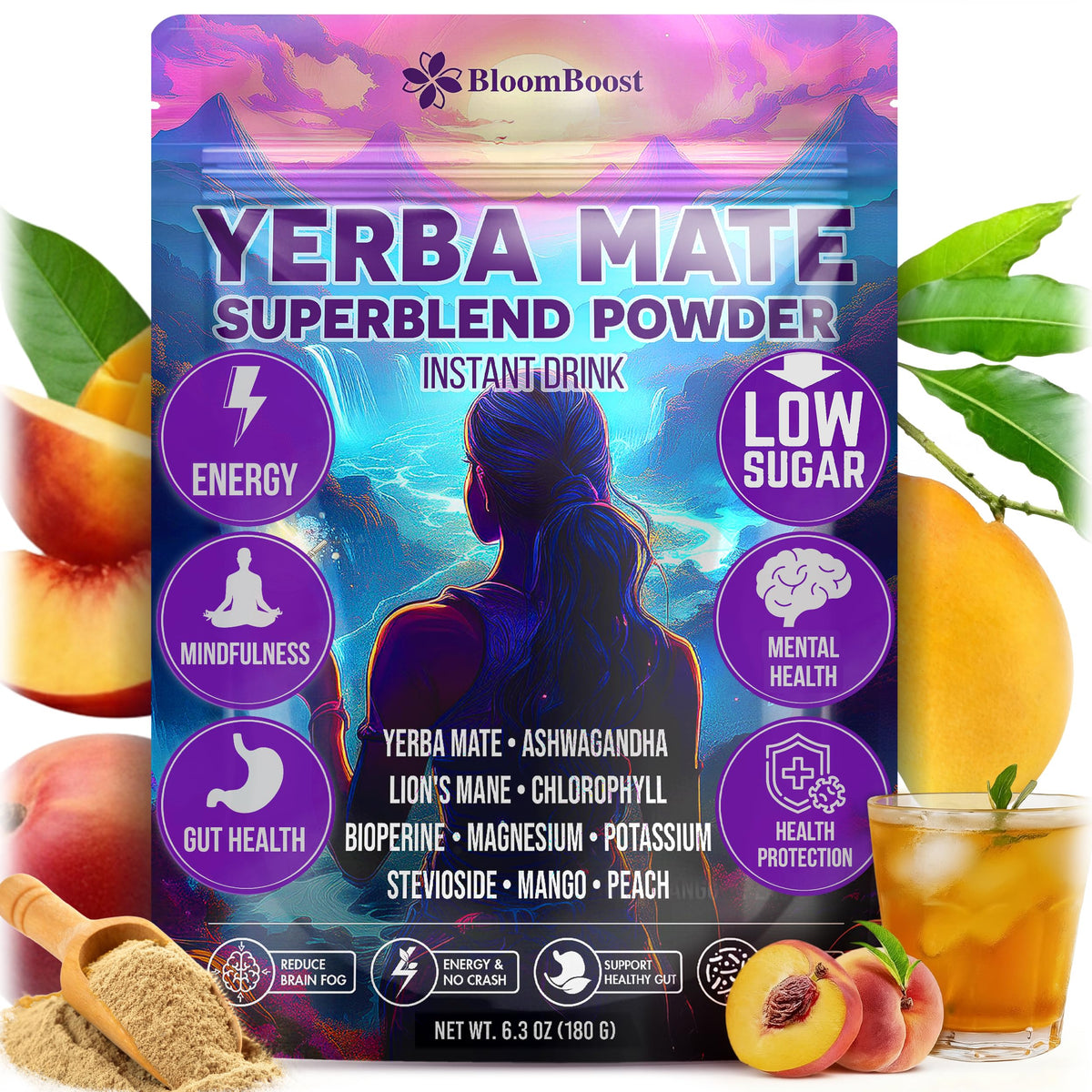 BloomBoost front packaging showing peach mango flavor and benefits